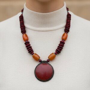 🌍 Ethnic Tribal Statement Choker Necklace - Amber & Red Wood Beads